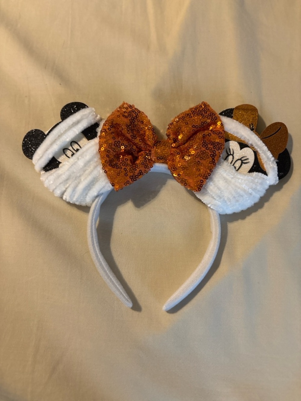 Disney Minnie Mickey Halloween Headband Ears Orange Sequin Bowl